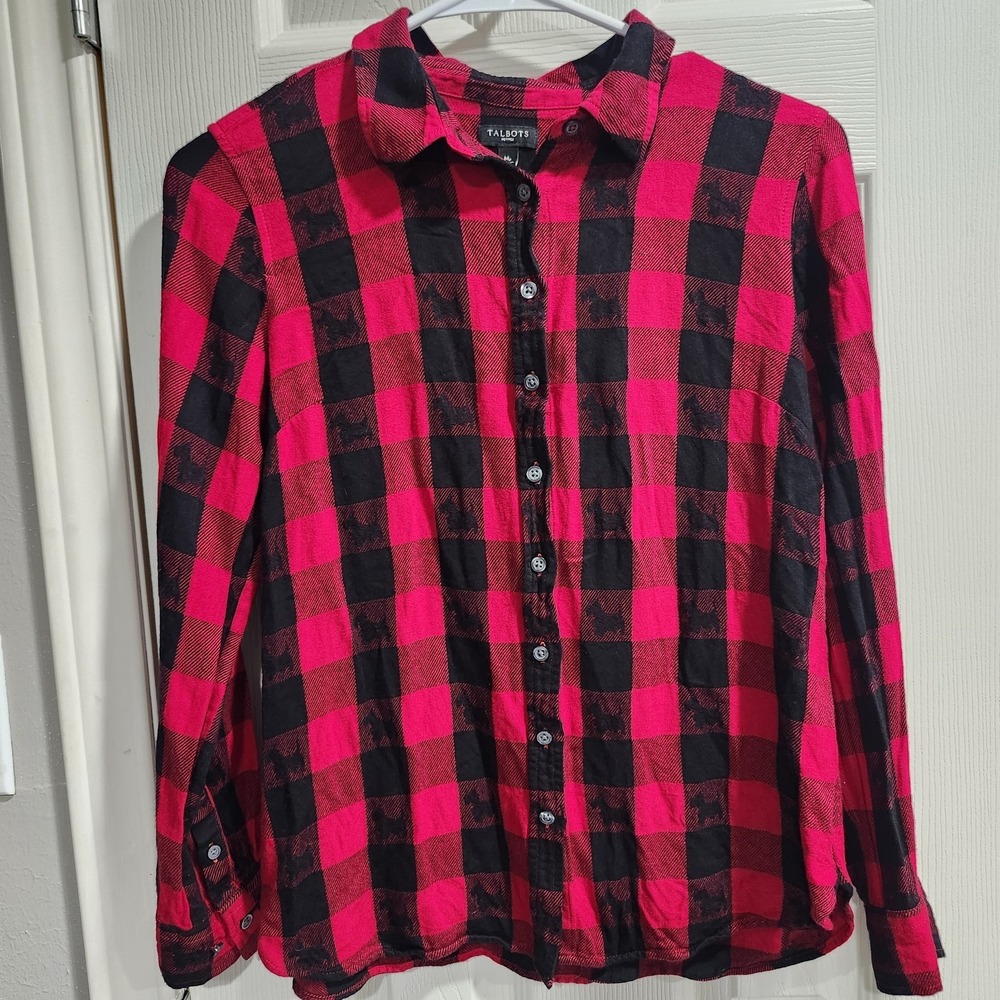 Talbots Petite M Red Black Buffalo Plaid Flannel Shirt Scotty Dog Print Rayon